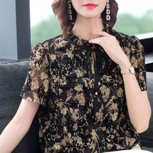 women spring summer style chiffon shirt blouses shirts lady casual short sleeve stand collar printed loose, White 
women spring summer style chiffon shirt blouses shirts lady casual short sleeve stand collar printed loose, White