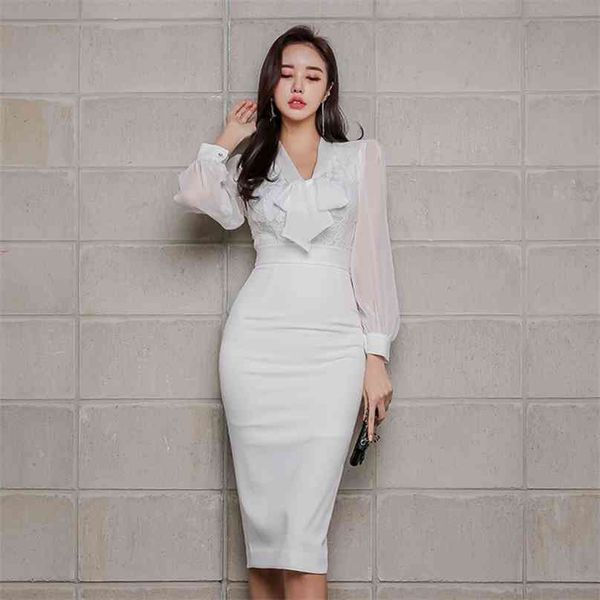 white bodycon dress for women summer korea long lace sleeve bow neck sundress ladies office midi dresses 210602, Black;gray
white bodycon dress for women summer korea long lace sleeve bow neck sundress ladies office midi dresses 210602, Black;gray