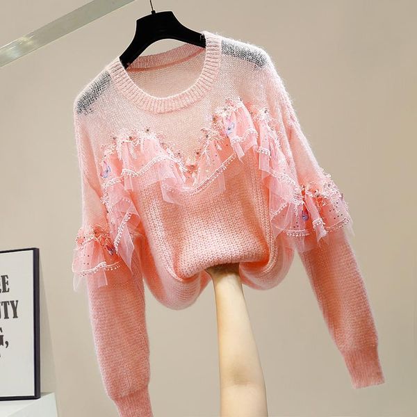 women's sweaters kawaii girl pink sweater heavy sequined diamond stitching lace lotus leaf mesh hollow loose versatile long-sleeved top, White;black
women's sweaters kawaii girl pink sweater heavy sequined diamond stitching lace lotus leaf mesh hollow loose versatile long-sleeved top, White;black