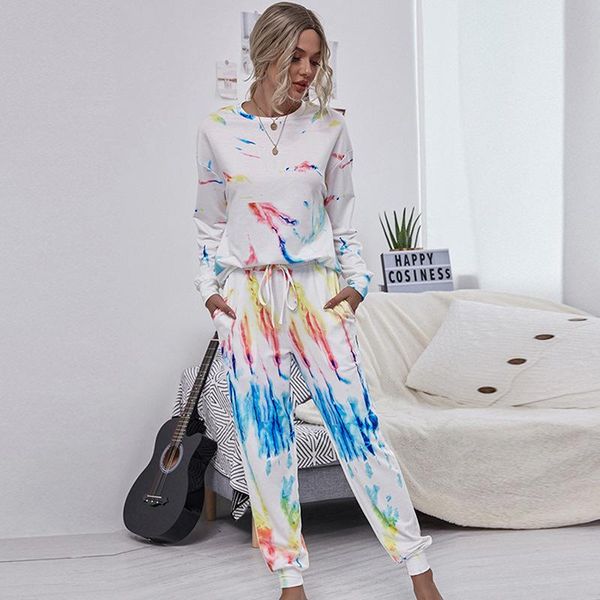 2021and tie dye printed two piece set women of women's fashion sports home suit pants, White
2021and tie dye printed two piece set women of women's fashion sports home suit pants, White
