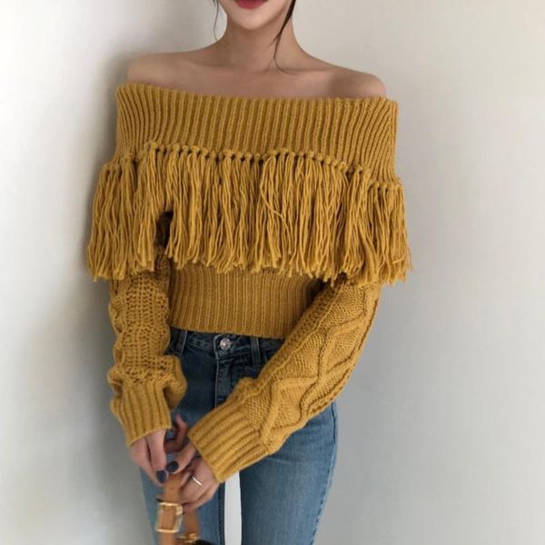 women's sweaters vintage tassel cropped sweater women fall winter slash neck long sleeve knitted slim off the shoulder pullovers, White;black
women's sweaters vintage tassel cropped sweater women fall winter slash neck long sleeve knitted slim off the shoulder pullovers, White;black