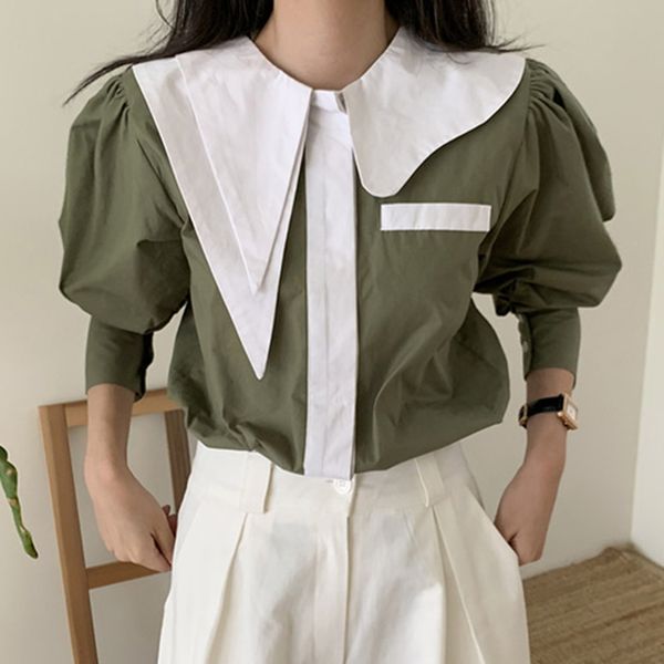 new design asymmetrical single breasted loose puff sleeve shirts turn-down collar womens 210421, White
new design asymmetrical single breasted loose puff sleeve shirts turn-down collar womens 210421, White
