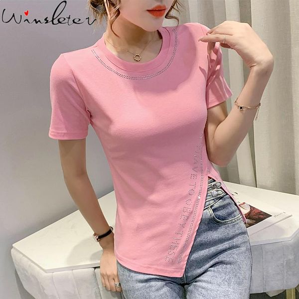 women's t-shirt summer european clothes cotton solid fashion irregularity shiny diamonds women short sleeve tees t15404a, White 
women's t-shirt summer european clothes cotton solid fashion irregularity shiny diamonds women short sleeve tees t15404a, White