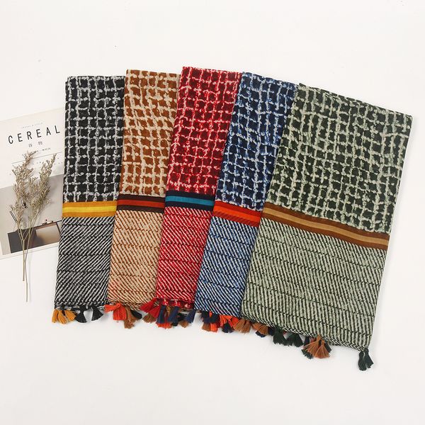 shawls retro style dark mesh geometric contrast color silk shawl autumn travel sun protection long cotton and linen feel scarf female no. 4, Blue;gray 
shawls retro style dark mesh geometric contrast color silk shawl autumn travel sun protection long cotton and linen feel scarf female no. 4, Blue;gray