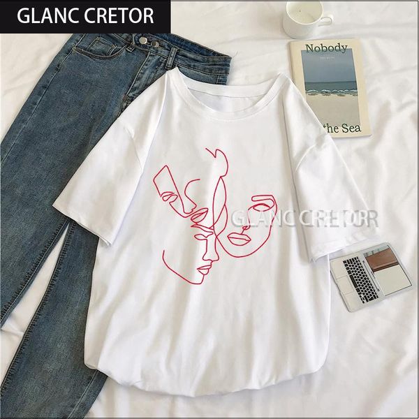 fashion fun retro women's t-shirt abstract line printing summer harajuku short-sleeved, White
fashion fun retro women's t-shirt abstract line printing summer harajuku short-sleeved, White