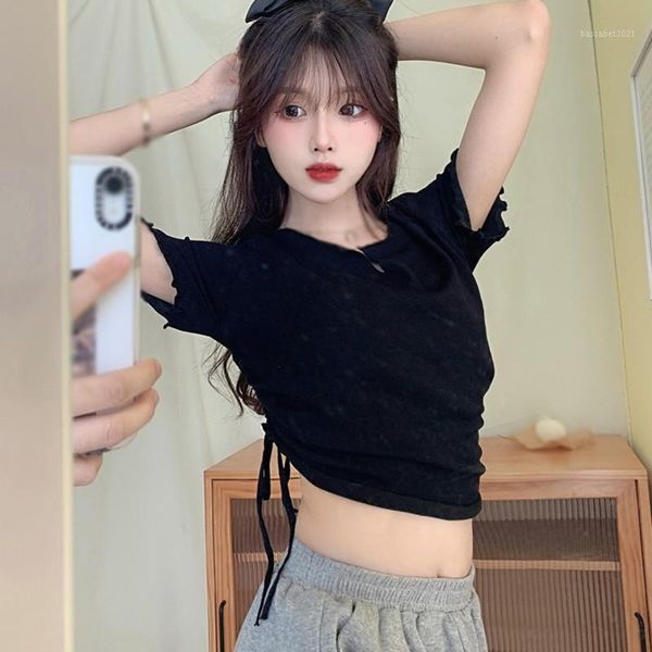 women's t-shirt tshirt summer slim short-sleeved solid color casual drawstring knit female t shirt, White
women's t-shirt tshirt summer slim short-sleeved solid color casual drawstring knit female t shirt, White