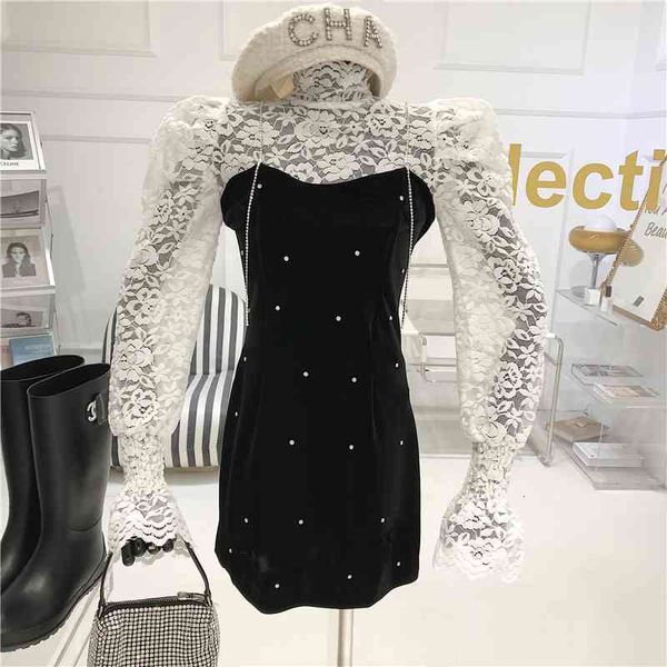dress spring female 2021 foreign style bubble collar high-lace halter velvet skirt dressed as two pieces together, Black;gray
dress spring female 2021 foreign style bubble collar high-lace halter velvet skirt dressed as two pieces together, Black;gray