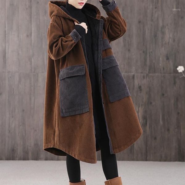 women vintage corduroy parkas warm patchwork color pockets button oversized 2021 winter coats hooded thick female outerwear women's dow, Black
women vintage corduroy parkas warm patchwork color pockets button oversized 2021 winter coats hooded thick female outerwear women's dow, Black