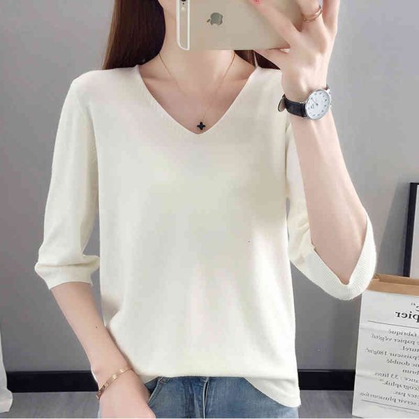 women's t-shirt three quarter sleeve knitted for women basic solid pullovers summer korean style v-neck elastic knitwear fema, White
women's t-shirt three quarter sleeve knitted for women basic solid pullovers summer korean style v-neck elastic knitwear fema, White