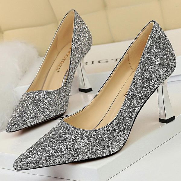 dress shoes bigtree sequins woman pumps kitten heels wedding women plus size 43 ladies gold sliver white high, Black