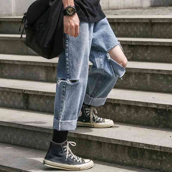 men's jeans trend loose straight hole long pants student hip hop casual capris c1191, Blue
men's jeans trend loose straight hole long pants student hip hop casual capris c1191, Blue