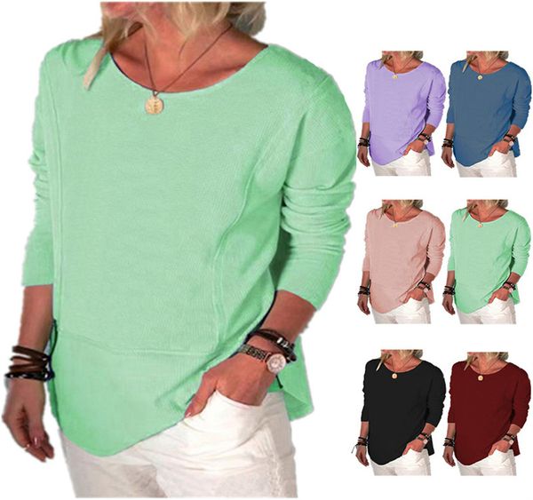 ladies loose long-sleeved t-shirt round neck solid color stitching casual lady base coat autumn 007, White
ladies loose long-sleeved t-shirt round neck solid color stitching casual lady base coat autumn 007, White