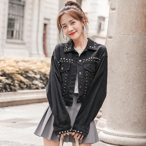 women's jackets 2021 coat female spring beaded black loose fashion denim jacket short high waist, Black;brown
women's jackets 2021 coat female spring beaded black loose fashion denim jacket short high waist, Black;brown
