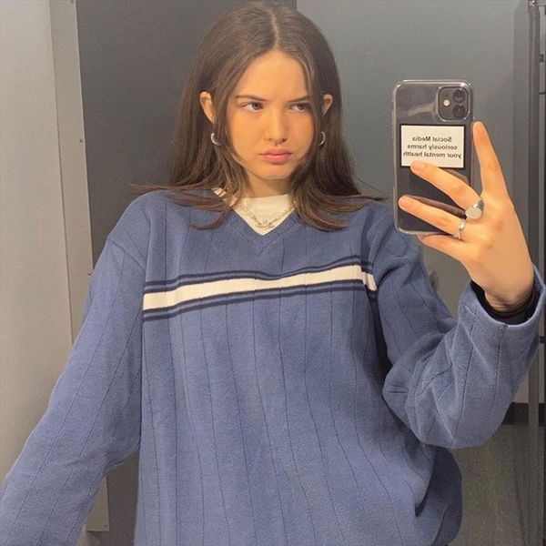 y2k striped v neck oversized women sweater casual loose knitted jumper preppy style vintage korean knitwear autumn e girl, White;black
y2k striped v neck oversized women sweater casual loose knitted jumper preppy style vintage korean knitwear autumn e girl, White;black