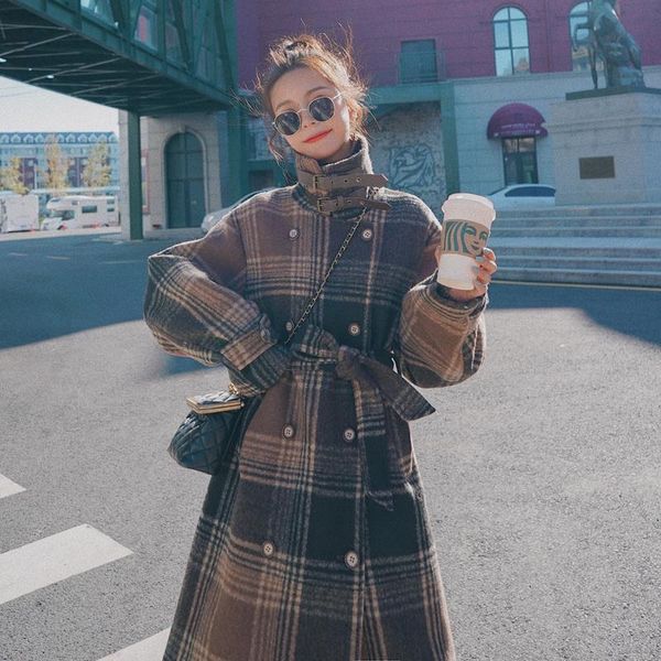 women's wool & blends brand women winter coat long double-breasted plaid overcoat blend for lady with belt female outerwear clothes war, Black
women's wool & blends brand women winter coat long double-breasted plaid overcoat blend for lady with belt female outerwear clothes war, Black