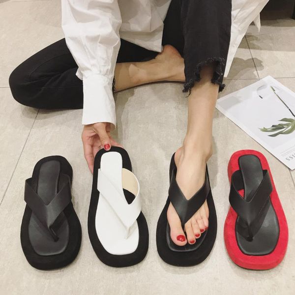slippers rubber flip flops flat shoes female low hawaiian pu rome fabric, Black