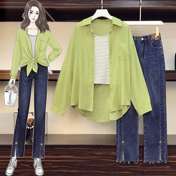 women's two piece pants oversized clothing autumn fashion long-sleeved solid color chiffon shirt denim split cropped trousers two-piece, White
women's two piece pants oversized clothing autumn fashion long-sleeved solid color chiffon shirt denim split cropped trousers two-piece, White
