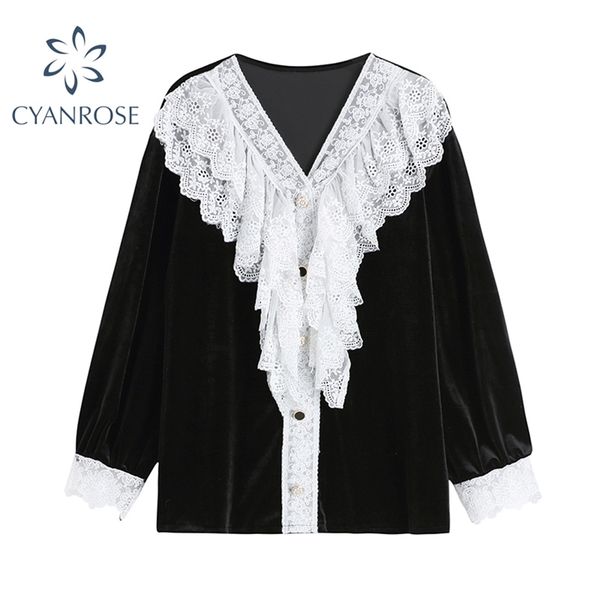 vintage elegant white lace patchwork neck women's chiffon shirt summer v long sleeve korean black blouse female 210430
vintage elegant white lace patchwork neck women's chiffon shirt summer v long sleeve korean black blouse female 210430