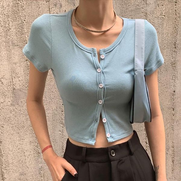 women's t-shirt knitted t shirts summer crop round neck short sleeve solid button casual shirt women tight tee femme clothing, White
women's t-shirt knitted t shirts summer crop round neck short sleeve solid button casual shirt women tight tee femme clothing, White