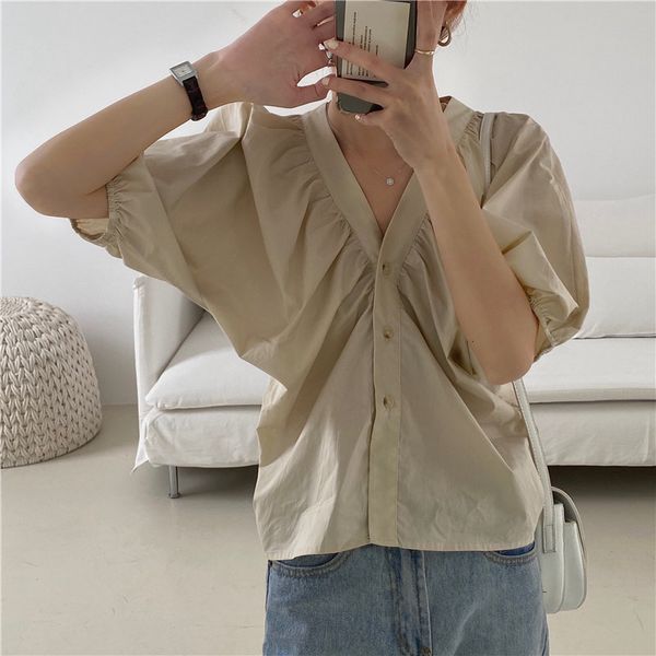 women's blouses & shirts solid puff sleeves v-neck gentle all match casual summer thin loose brief chic women ads9, White
women's blouses & shirts solid puff sleeves v-neck gentle all match casual summer thin loose brief chic women ads9, White