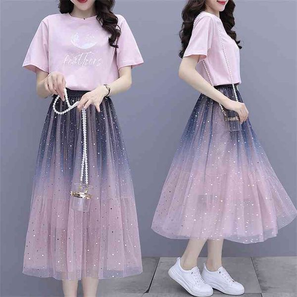 women gradient color summer tulle skirt two piece sets printted cotton tshirt with sequined long maxi mesh suits 210602, White
women gradient color summer tulle skirt two piece sets printted cotton tshirt with sequined long maxi mesh suits 210602, White