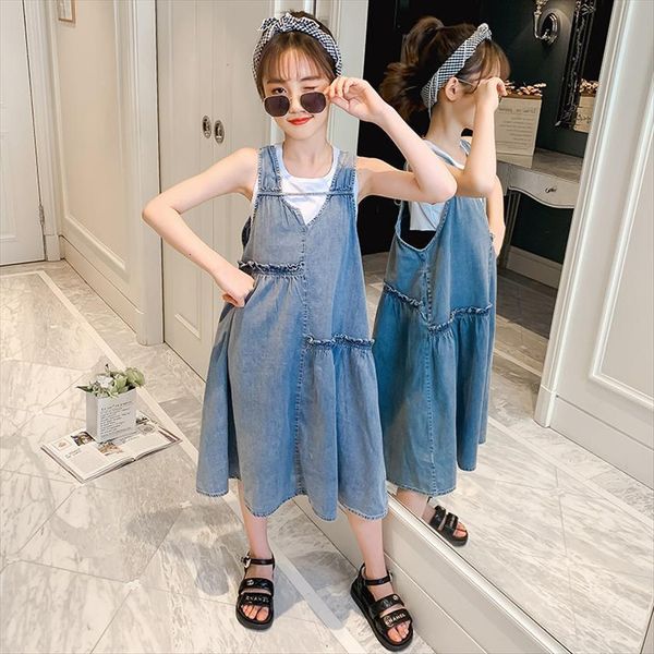 sleeveless teenagers kids clothes girl dress girls jeans mid long baby children summer denim casual clothing, Red;yellow
sleeveless teenagers kids clothes girl dress girls jeans mid long baby children summer denim casual clothing, Red;yellow