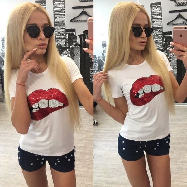 lady short sleeve round neck tee sequined sparkely glittery cozy costume lip print women t shirt fashion summer, White
lady short sleeve round neck tee sequined sparkely glittery cozy costume lip print women t shirt fashion summer, White