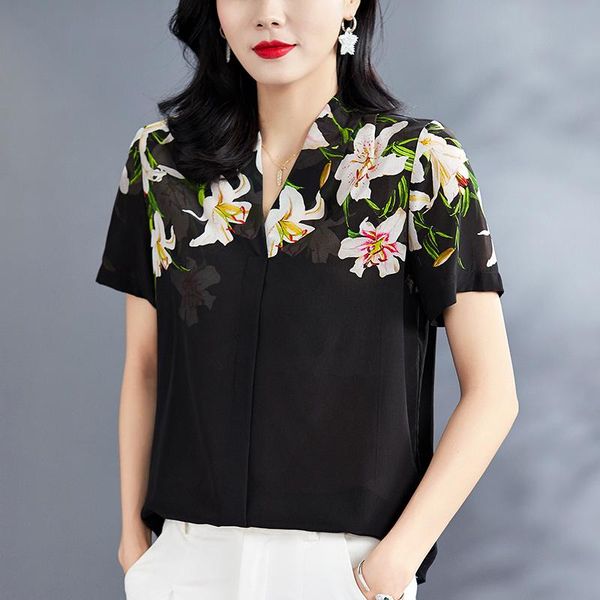women's blouses & shirts 100% natural real silk women black shirt summer elegant v-neck short sleeve loose office lady floral print bl, White
women's blouses & shirts 100% natural real silk women black shirt summer elegant v-neck short sleeve loose office lady floral print bl, White