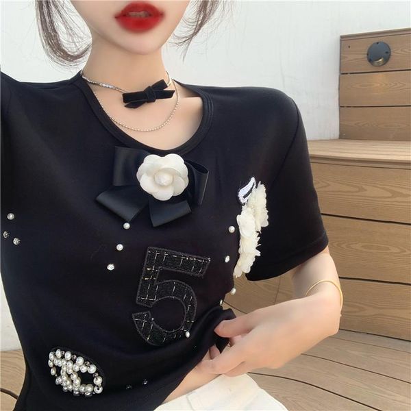 women's polos 2021 summer heavy beaded flower was thin round neck short clothing, White
women's polos 2021 summer heavy beaded flower was thin round neck short clothing, White