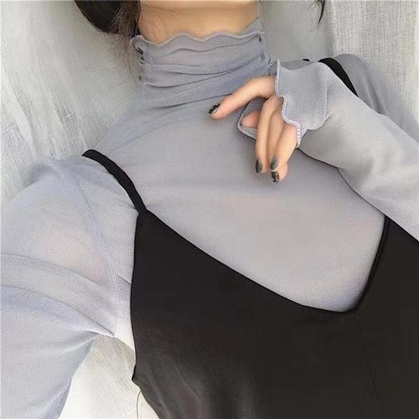 women's t-shirt women retro t shirt see through solid color high neck fashion temperament ladies all match, White
women's t-shirt women retro t shirt see through solid color high neck fashion temperament ladies all match, White