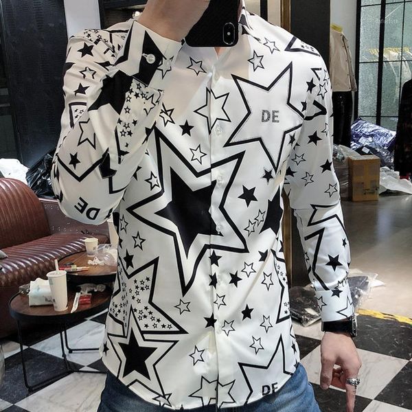 men's casual shirts star print vintage shirt chemise homme long sleeve camisa masculina slim fit men flower party club dress, White;black
men's casual shirts star print vintage shirt chemise homme long sleeve camisa masculina slim fit men flower party club dress, White;black