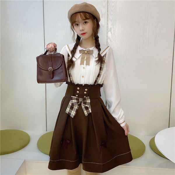 two piece dress japanese girl jk skirt sets college style cute doll collar shirt strap two-piece suit women 2 with tie, White
two piece dress japanese girl jk skirt sets college style cute doll collar shirt strap two-piece suit women 2 with tie, White
