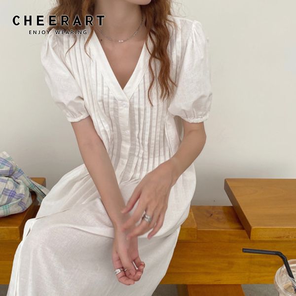 ruched puff sleeve dress women white v neck long midi loose short pink button up korean summer black 210427, Black;gray
ruched puff sleeve dress women white v neck long midi loose short pink button up korean summer black 210427, Black;gray