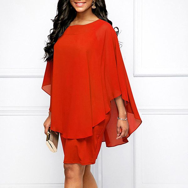 female plus size chiffon dress women casual fashion fake two pieces solid color batwing sleeve o-ne elegant cape dress vestido, Red
female plus size chiffon dress women casual fashion fake two pieces solid color batwing sleeve o-ne elegant cape dress vestido, Red