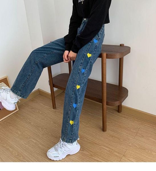 women's jeans spring 2021 straight tube loose high waist retro wide leg pants denim love embroidery pattern y2k, Blue
women's jeans spring 2021 straight tube loose high waist retro wide leg pants denim love embroidery pattern y2k, Blue