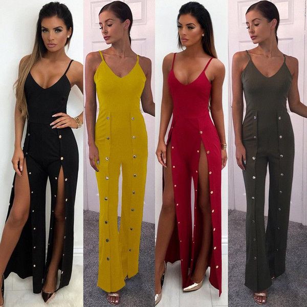women's jumpsuits & rompers fashion women v neck strappy split buttons ladies bodycon party jumpsuit loose palazzo flare pants clubwear, Black;white 
women's jumpsuits & rompers fashion women v neck strappy split buttons ladies bodycon party jumpsuit loose palazzo flare pants clubwear, Black;white