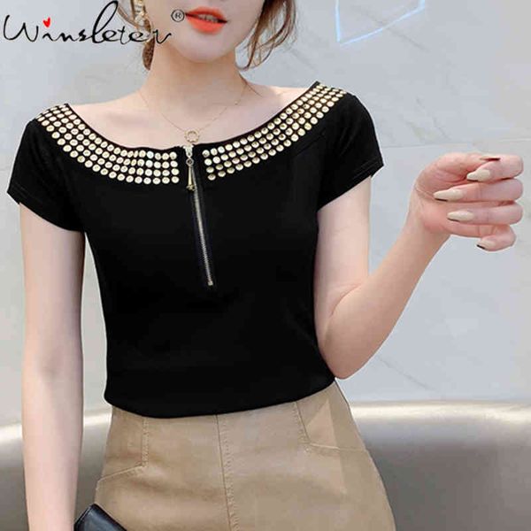 women's t-shirt summer european style cotton girls fashion off collar zipper women short sleeve shiny rivet tees t12908a, White
women's t-shirt summer european style cotton girls fashion off collar zipper women short sleeve shiny rivet tees t12908a, White