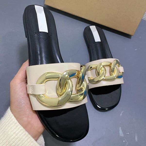 patent leather women's slippers beige chain decoration flat open toe shoes woman fashion slides rubber sole female flip flops, Black
patent leather women's slippers beige chain decoration flat open toe shoes woman fashion slides rubber sole female flip flops, Black