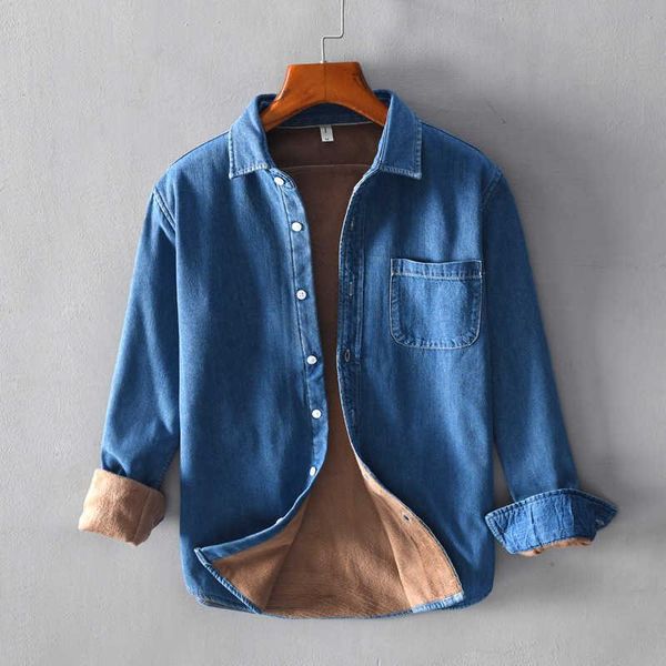 men's casual shirts 2021 fleece denim shirt with pocket sky blue black autumn spring thick long sleeve cotton causal for male, White;black
men's casual shirts 2021 fleece denim shirt with pocket sky blue black autumn spring thick long sleeve cotton causal for male, White;black