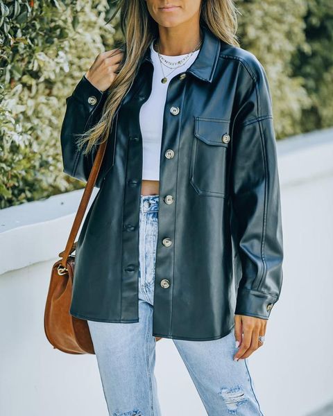 women's leather & faux autumn and winter casual single-breasted lapel jacket loose pocket ladies pu shirt street fashion, Black
women's leather & faux autumn and winter casual single-breasted lapel jacket loose pocket ladies pu shirt street fashion, Black