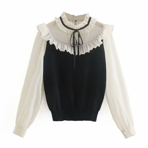 women sweet ruffled patchwork knitted sweater long sleeve female pullovers streetwear chic girls 210430, White;black
women sweet ruffled patchwork knitted sweater long sleeve female pullovers streetwear chic girls 210430, White;black