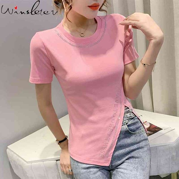 women's t-shirt summer european clothes cotton solid fashion irregularity shiny diamonds women short sleeve tees t15404a, White
women's t-shirt summer european clothes cotton solid fashion irregularity shiny diamonds women short sleeve tees t15404a, White