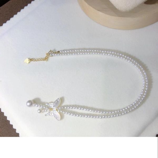 chains handmade butterfly white fritillary necklace pearl, Silver 
chains handmade butterfly white fritillary necklace pearl, Silver