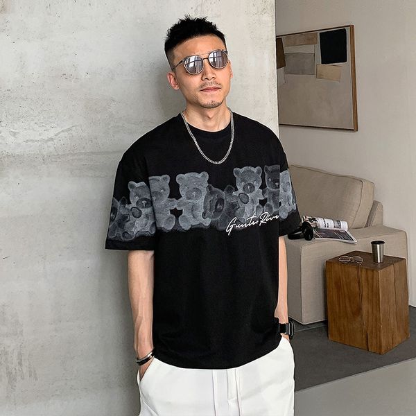 luxury t-shirts summer couple men's bear cartoon printing short round neck loose korean chao brand half sleeve t-shirt, Black 
luxury t-shirts summer couple men's bear cartoon printing short round neck loose korean chao brand half sleeve t-shirt, Black