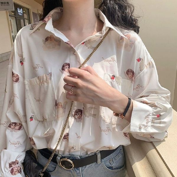 women's blouses & shirts female blouses deep-rooted harajuku angel prints, vintage sleeves, flashlight kawaii 90s women's clothes,, White 
women's blouses & shirts female blouses deep-rooted harajuku angel prints, vintage sleeves, flashlight kawaii 90s women's clothes,, White