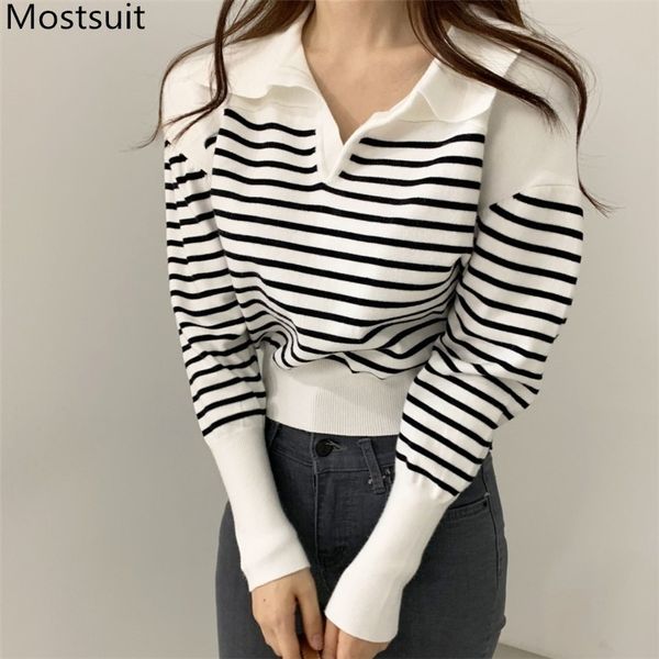 autumn korean striped knitted sweaters women long sleeve turn-down collar pullovers casual fashion ladies jumpers 210518, White;black
autumn korean striped knitted sweaters women long sleeve turn-down collar pullovers casual fashion ladies jumpers 210518, White;black
