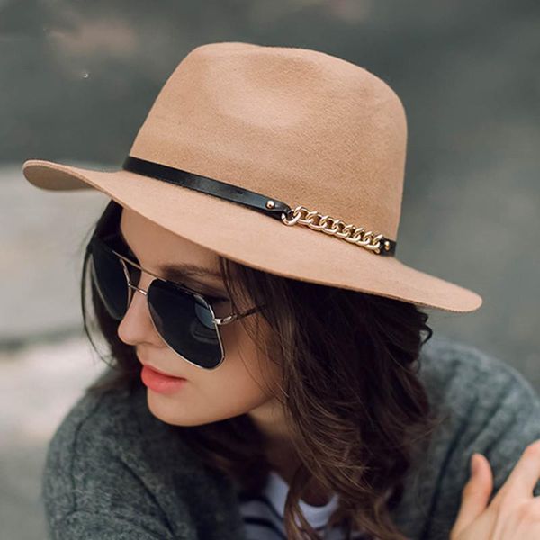 stingy brim hats classic british fedora hat women imitation woolen winter felt bowler fashion female wide gold chain jazz cap, Blue;gray
stingy brim hats classic british fedora hat women imitation woolen winter felt bowler fashion female wide gold chain jazz cap, Blue;gray
