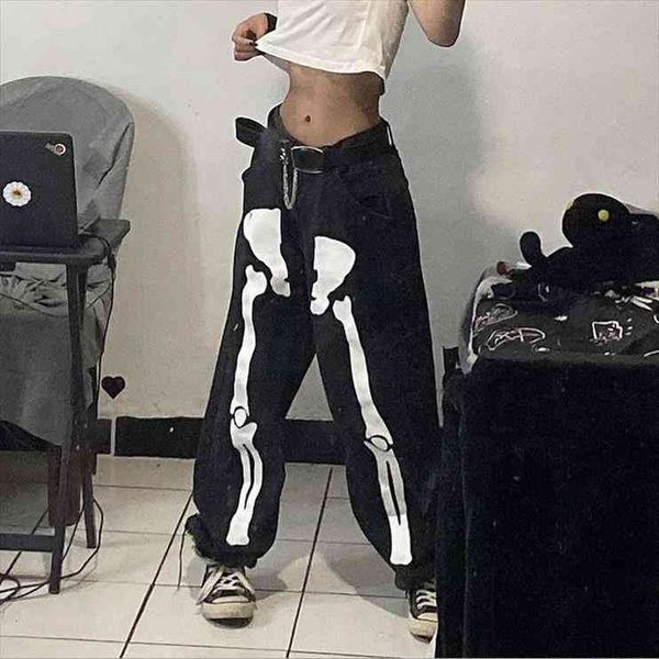 women baggy jeans halloween skeleton print denim pants high waist relaxed fit wide leg straight trousers streetwear denim pants, Blue 
women baggy jeans halloween skeleton print denim pants high waist relaxed fit wide leg straight trousers streetwear denim pants, Blue