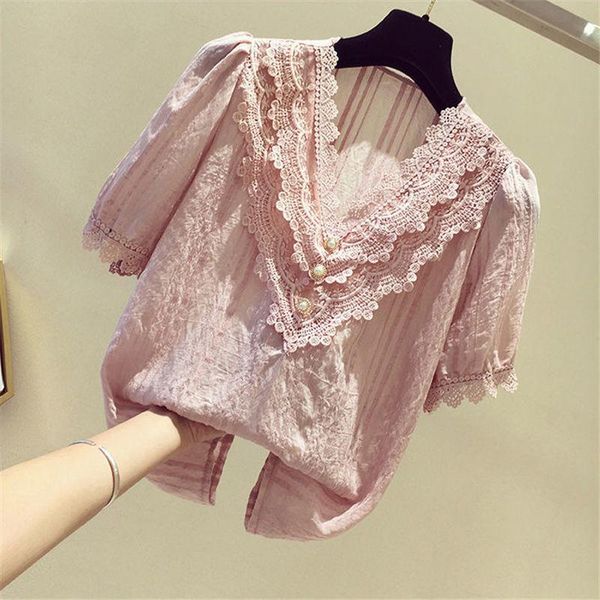 women's blouses & shirts loose version v-neck chiffon shirt lace short-sleeved summer style women, White
women's blouses & shirts loose version v-neck chiffon shirt lace short-sleeved summer style women, White