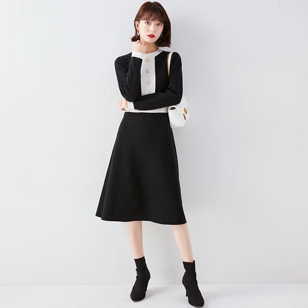 in long sleeves women's knitted skirts fall and winter contrast fashion medium length black dress, Black;gray
in long sleeves women's knitted skirts fall and winter contrast fashion medium length black dress, Black;gray